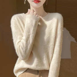 通勤简约无缝一线成衣圆领针织衫毛衣女宽松休闲长袖内搭毛衫上衣