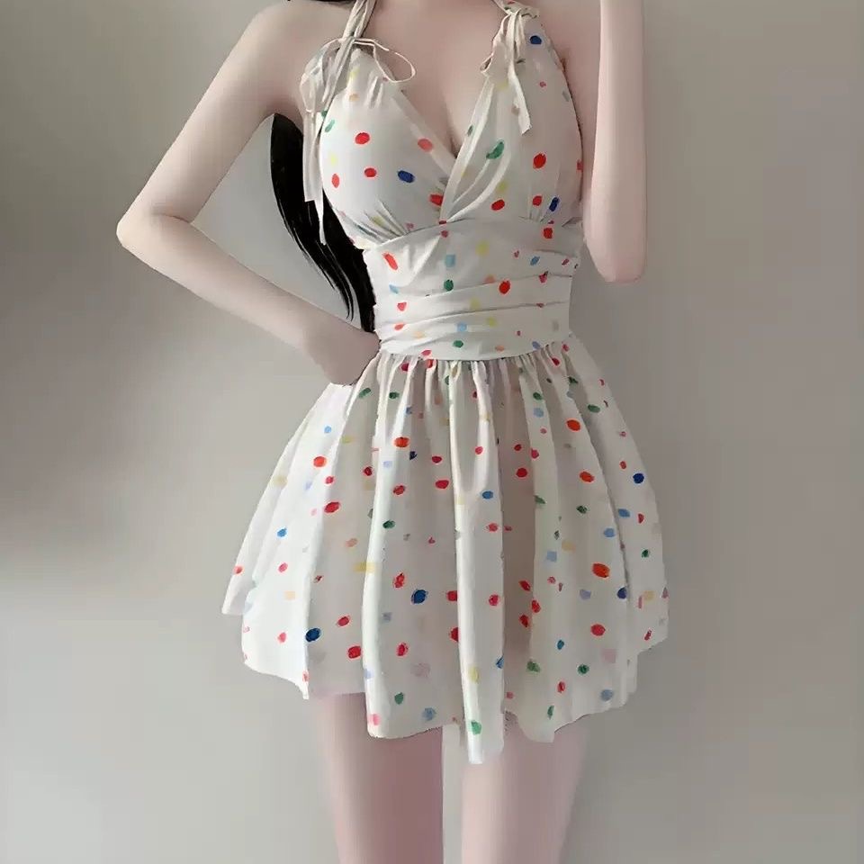 New Polka Dot Halterneck Swimsuit, Feminine Waist-Cinching One-Piece Swimsuit, Pure Desire Backless Hot Spring Park Swimsuit Wholesale