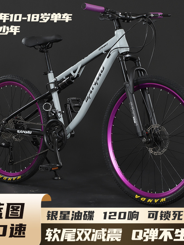 Dual Shock-Absorbing Soft-Tail Mountain Bike Off-Road Student Variable Speed Men's Dirt Bike Double Disc Brake Youth Commuter Bike