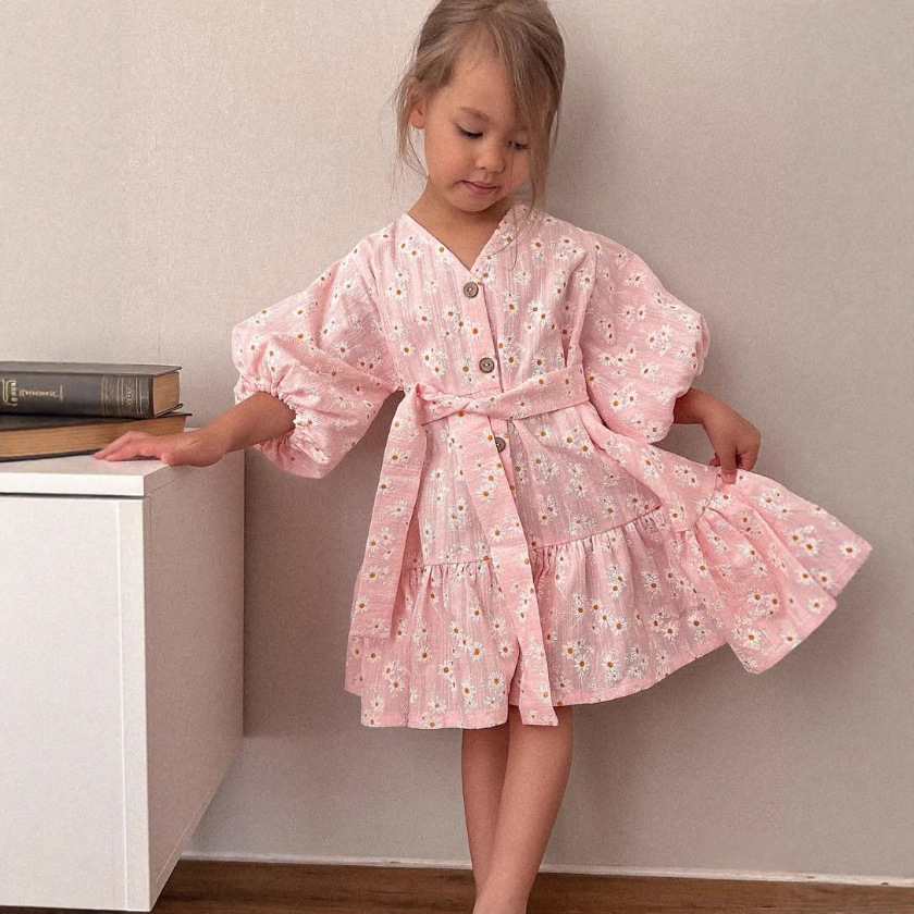 2025 Ins Russian Girls Cotton Spring & Fall Lace Casual Bubble Nine-Quarter Sleeve Jk Kidsren's Dress