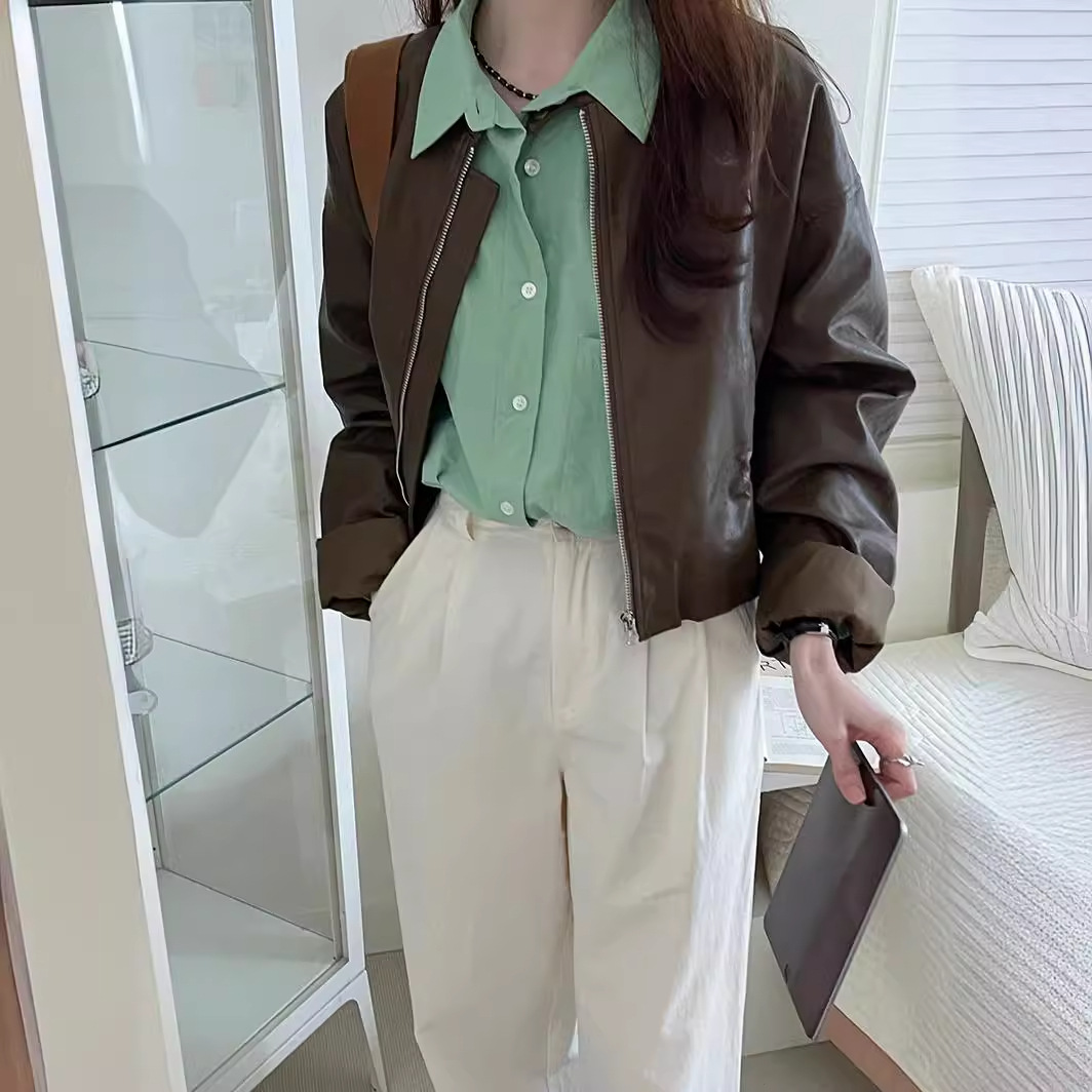 Retro brown PU leather coat for women Weisong 2024 spring new casual all-match Hong Kong style short jacket jacket
