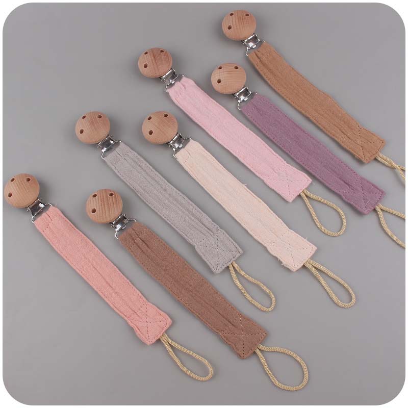 Nuevos suministros para bebés clip de chupete de haya calmante bebé cinta de algodón y lino cuerda de chupete tira de tela con cadena anti-caída