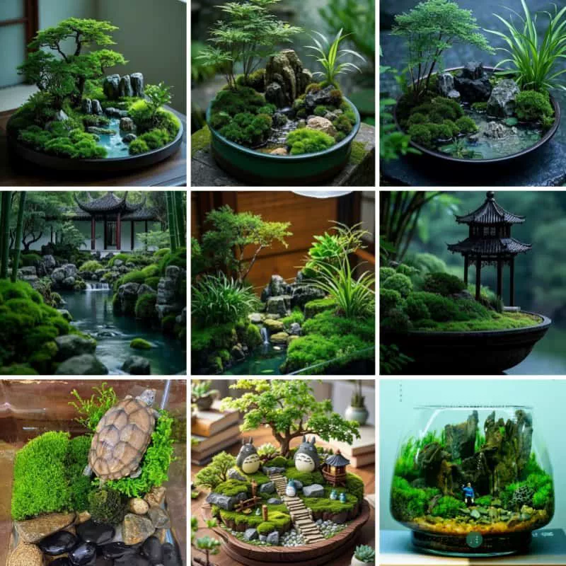 Водные растения в аквариуме, подводный специальный свежий мох, свежий бонсай, живой скальный камень, микроландшафт в водном и наземном резервуаре.