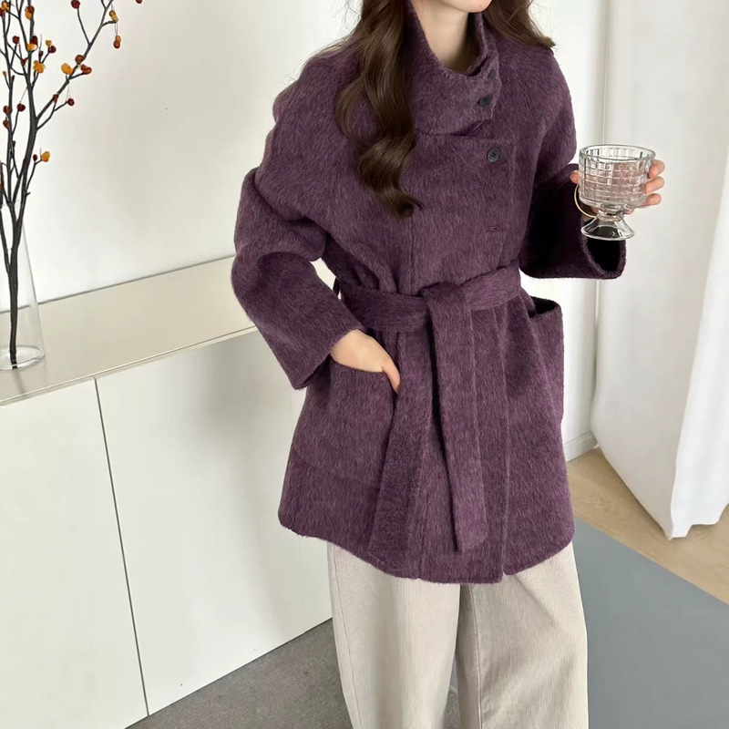 Off-Season Clearance: Mid-Length 100% Double-Sided Wool Women's Coat, Petite Size, High-End Feel, Loose Fit, Korean Style, Stand Collar
