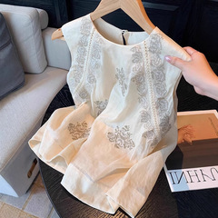 花刺繍リネンノースリーブラウンドネックベスト女性の夏の新しいデザインニッチレトロ怠惰な気質薄いトップ