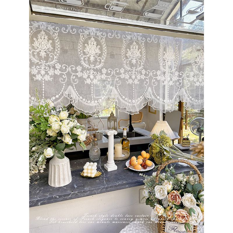 French Style Lace Door Curtain Bedroom Arch Door Vintage Window Curtain Partition European Style Embroidered Gauze Curtain Half Curtain Feng Shui Curtain Transparent