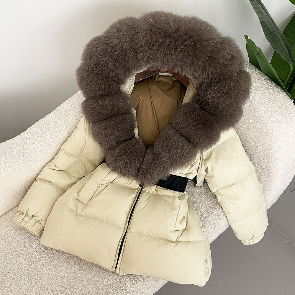 Abbigliamento da donna Inverno Caldo Moda Oversize Collo in vera volpe Cappuccio Giacca in piumino d'anatra bianca Pelliccia_voghion.com