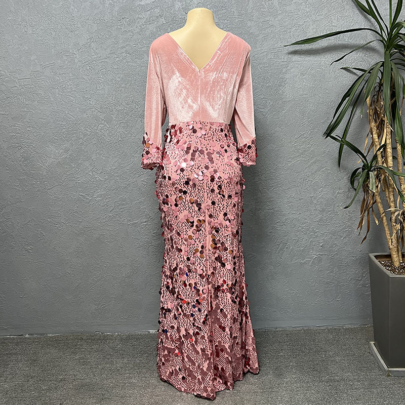Damenbekleidung Mode schlanke Samt Pailletten Abendkleid Kleid_voghion.com