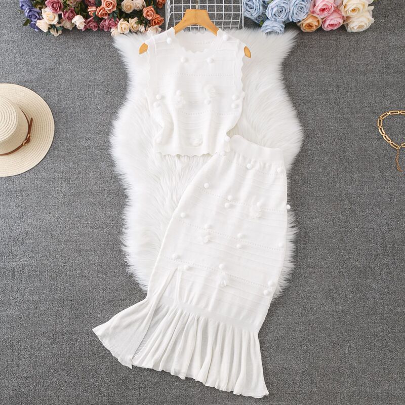 French Fashion Flower Hollow Backless Round Neck Sleeveless Knit Vest Overskirt Women's Ruffled Dress