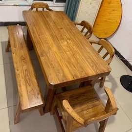 简约现代老榆木实木餐桌椅组合长方形家用原木