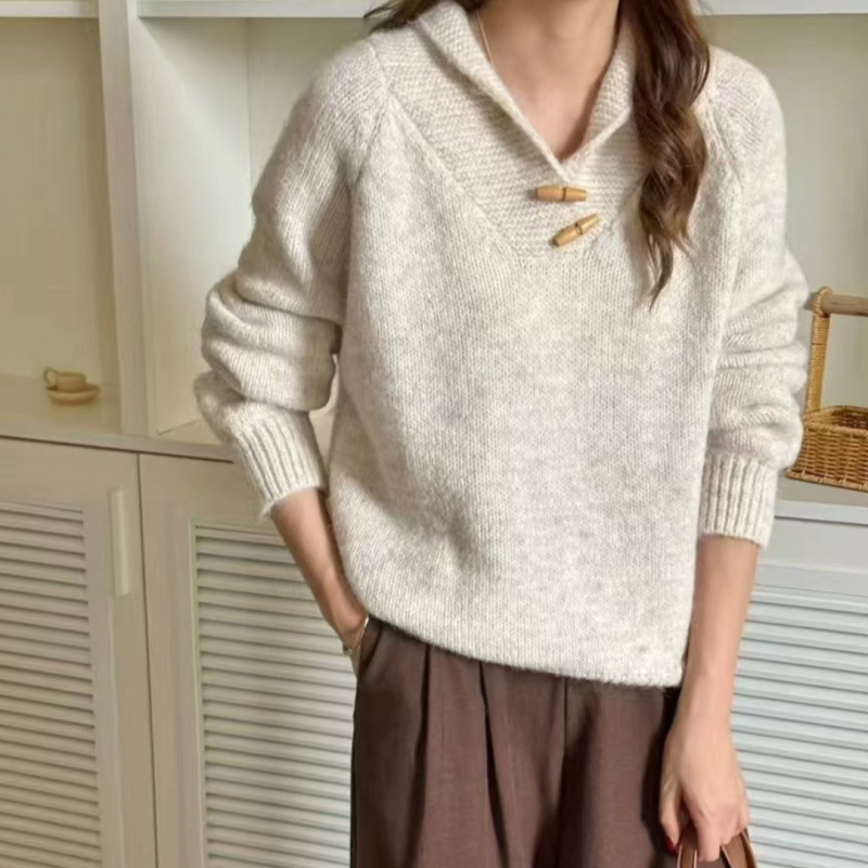 Lazy Style Horn Button Gray Lapel Knitwear for Women Early Autumn Large Size Fat mm Raglan Sleeves Right Shoulder Slimming Look Knitwear Lazy Style Horn Button Gray Lapel Knitwear for Women Early Autumn Large Size Fat mm Raglan Sleeves Right Shoulder Slimming Look Knitwear