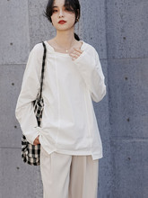 春季新款日系純棉長袖白t恤女寬松內搭外穿方領拼接設計感打底衫