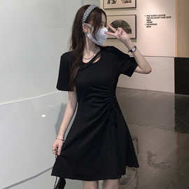 来图来样定制 黑色连衣裙女夏季新款小个子抽绳显瘦气质修身短裙