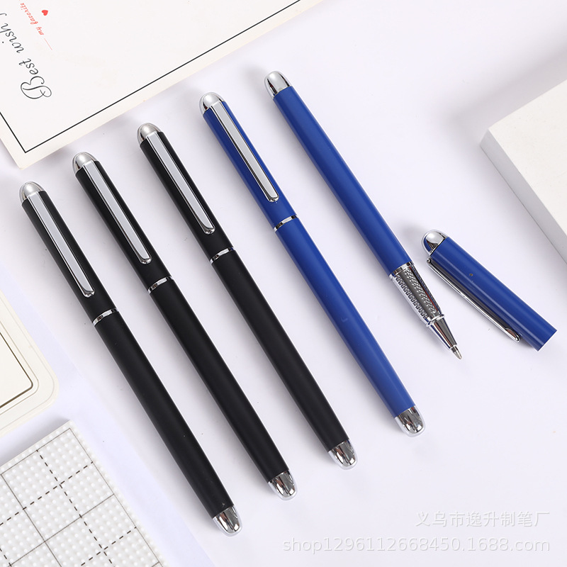 Blue and black metal gift ballpoint pen with cap, straight barrel, suitable for logo printing, corporate procurement, and advertising purposes