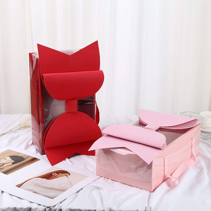 Caja de regalo con lazo de flores, caja de regalo para el Día de San Valentín, caja de regalo con tapa transparente, caja de embalaje para frutas, caja de regalo portátil.