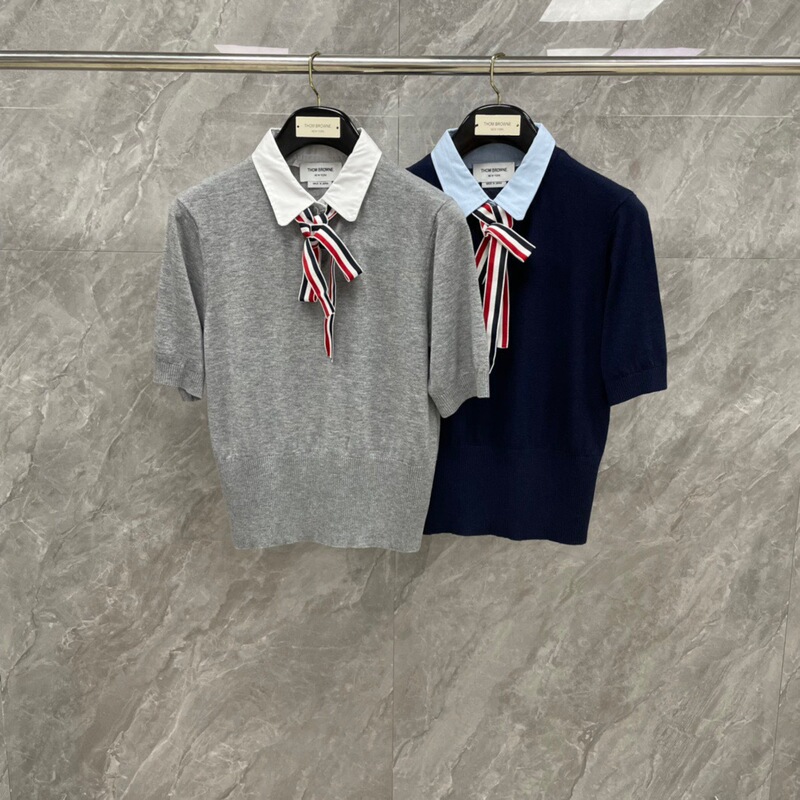 Factory Zhiying TB Spring and Summer New Bow Contrast Polo Short Sleeve Shirt Collar Red White Blue Ribbon Knitwear Factory Zhiying TB Spring and Summer New Bow Contrast Polo Short Sleeve Shirt Collar Red White Blue Ribbon Knitwear