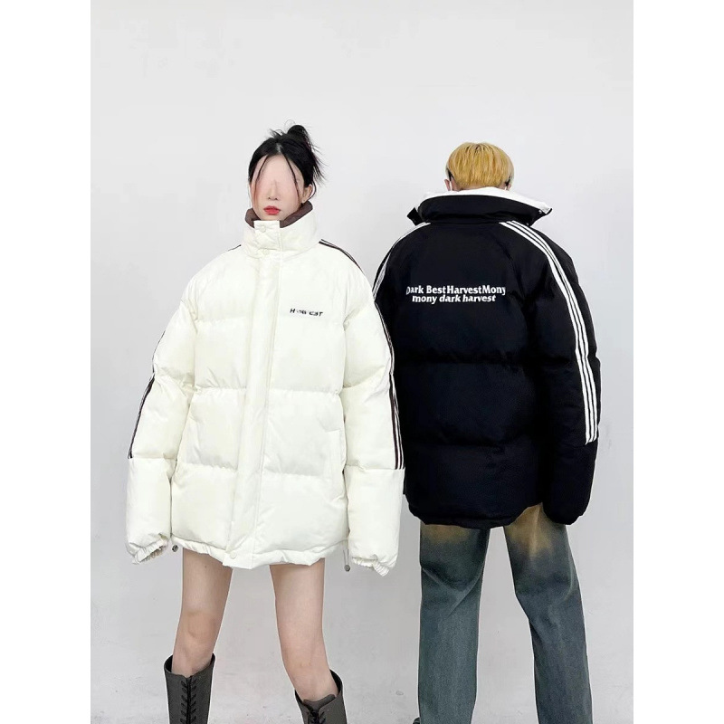 남성과 여성을위한 겨울 두꺼운 느슨한 칼라 코튼 패딩 재킷 디자인 센스 아메리칸 스트라이프 브레드 의류 커플 코트