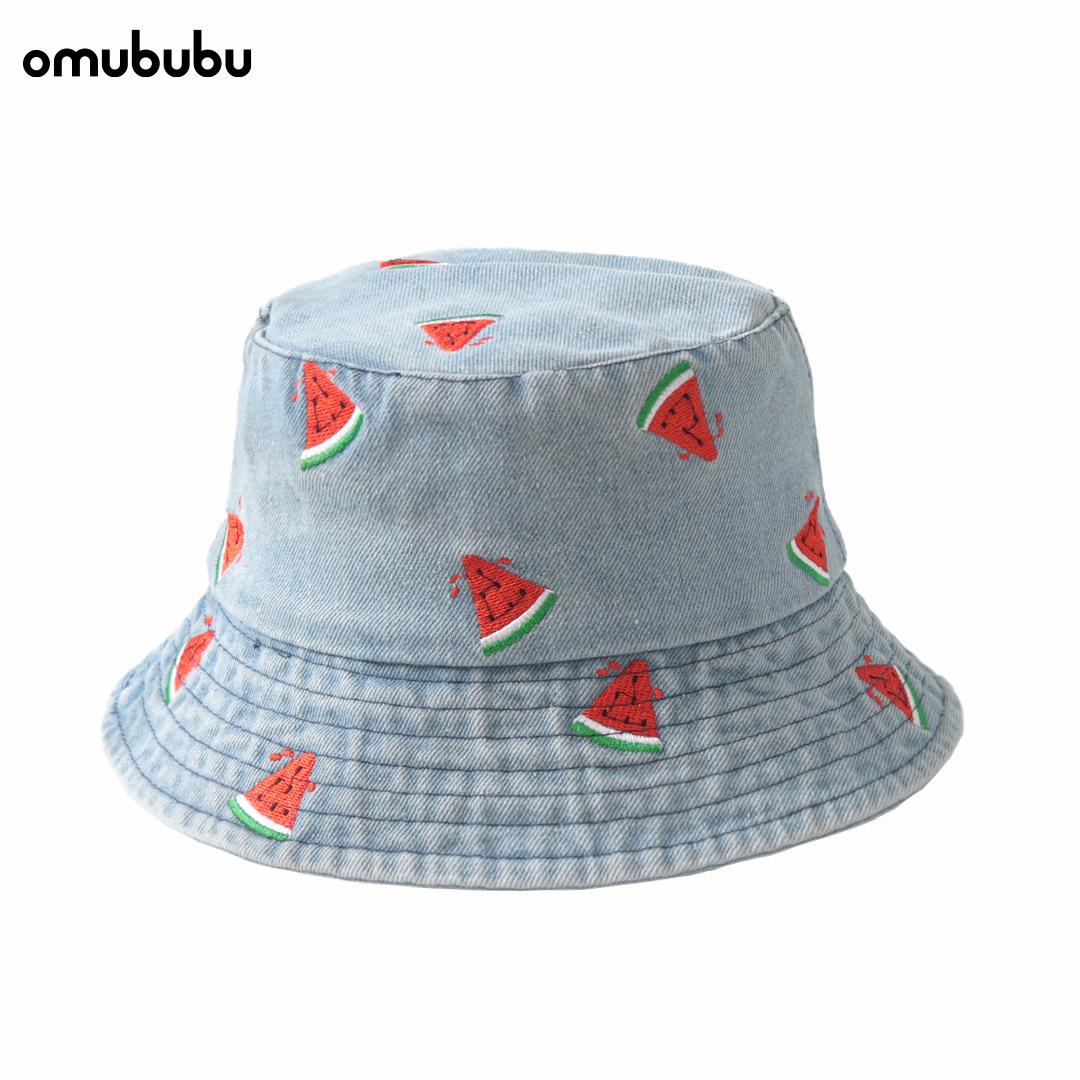 Watermelon Embroidered Denim Bucket Hat Wide Brim Sun Cap Unisex_voghion.com