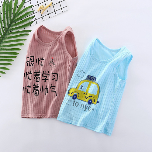 23 new summer style children's pure cotton pit striped I-shaped vest for men and women, small and medium-sized children, baby printed bottoming single top