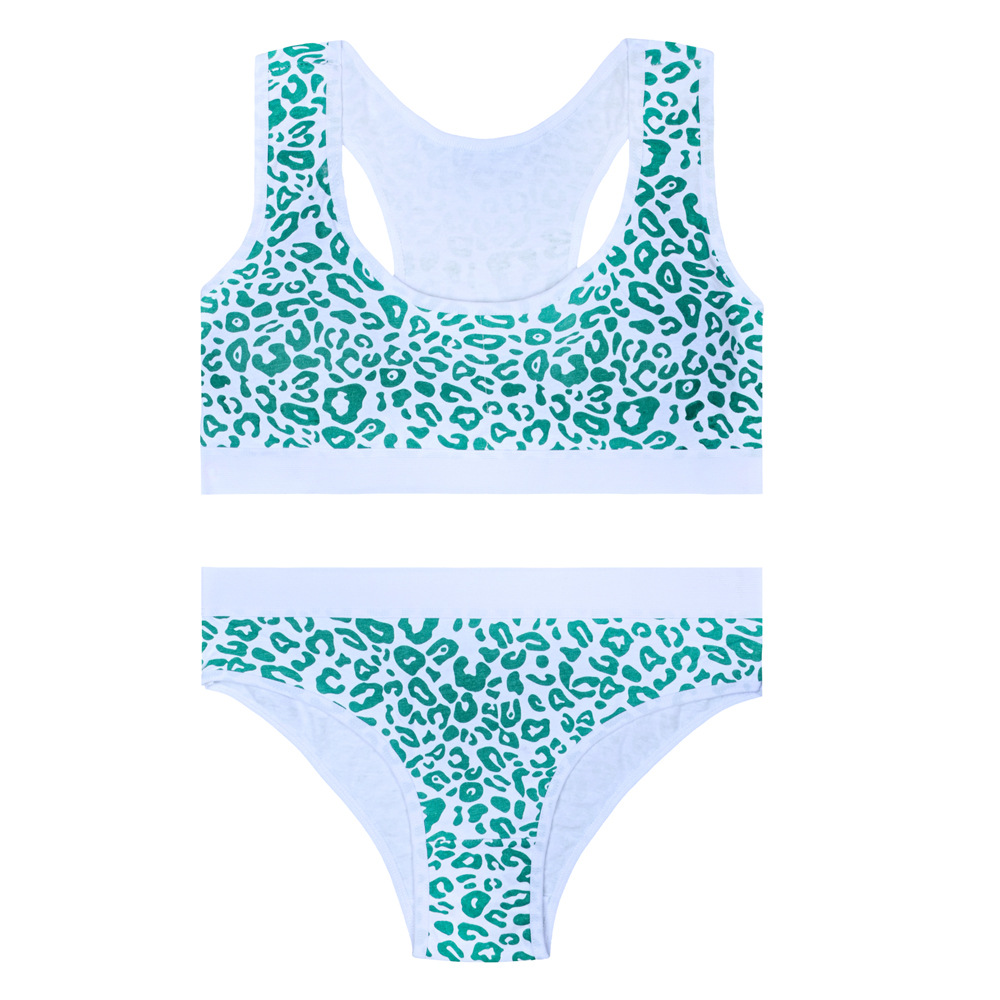 Ropa interior de desarrollo para niñas, copa fija de algodón con almohadilla para el pecho, sin anillo de acero, estampado de leopardo, sujetador de espalda deportivo para niñas