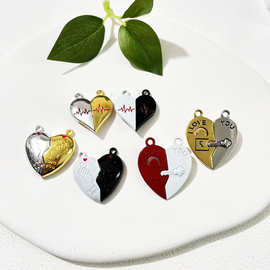 跨境新款吸铁石爱心情侣项链挂件 磁铁拼接心型锁骨链配件电泳
