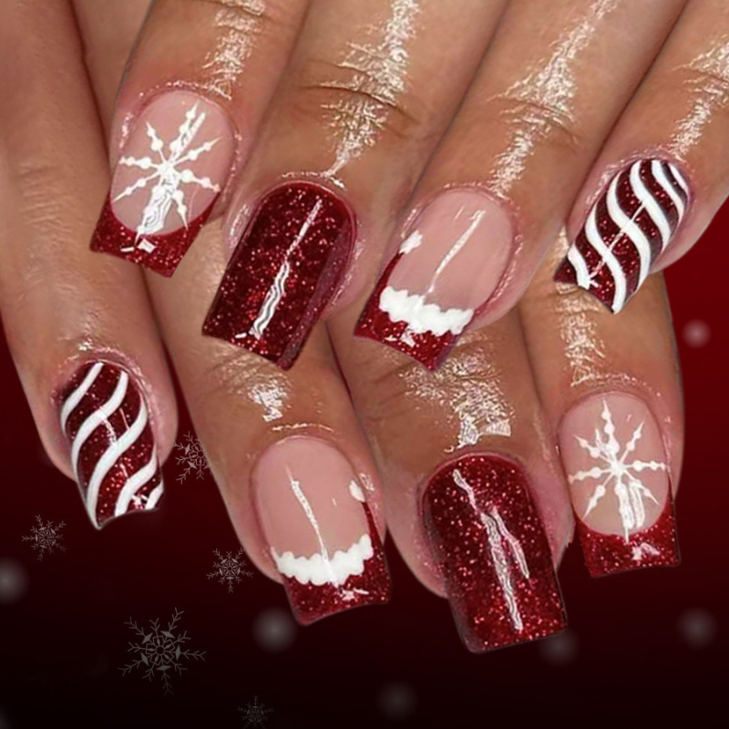 Christmas Manicure Fake Nail Patch Snowflake Design Classic French Medium Square Wearable Nail