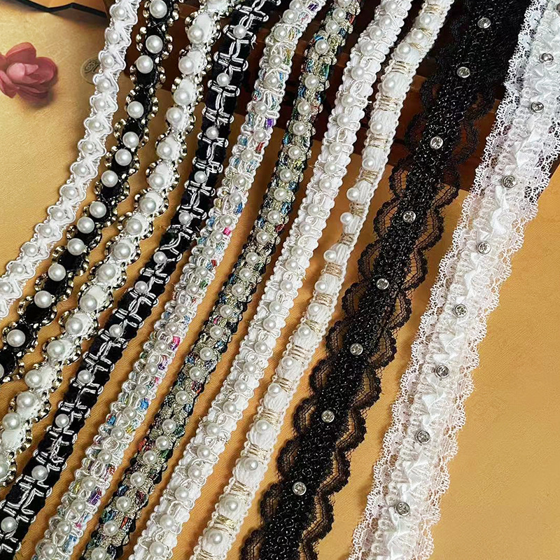 小香风织带钉珠花边 DIY珍珠花边金银线毛织带单排订珍珠服装辅料