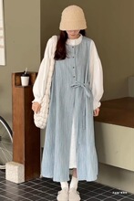 复古日系竖条纹绑带背心连衣裙女+百搭宽松长款2025衬衣裙两件套
