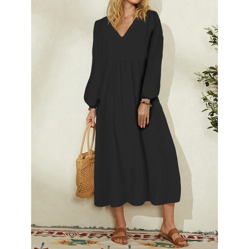 Women's Casual Cotton Linen Dress Loose Oversized Lantern Sleeves Vintage European American Daily Wear_ecoleips.com