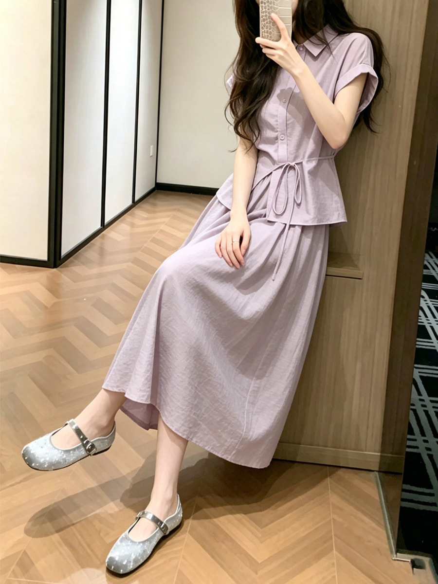 Set áo sơ mi thắt lưng và chân váy nữ mùa hè màu tím — Áo tím+nửa váy