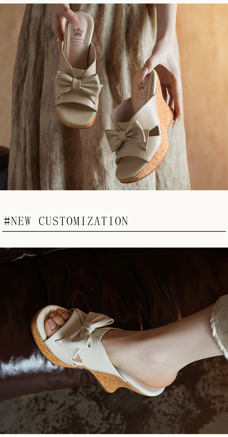 Sandal cao gót nữ hở mũi phong cách cổ điển nơ bướm đế xuồng — màu trắng ngà, màu mơ chi tiết 3
