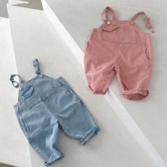 ins韓版粉色藍色背帶長褲四季款不規則口袋牛仔男女寶寶百搭休閒