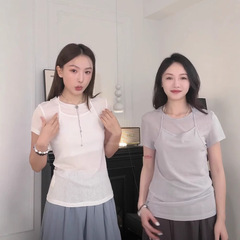 2025当当同品春夏韓系極簡都市純色偽二枚メリヤスtシャツ上着女