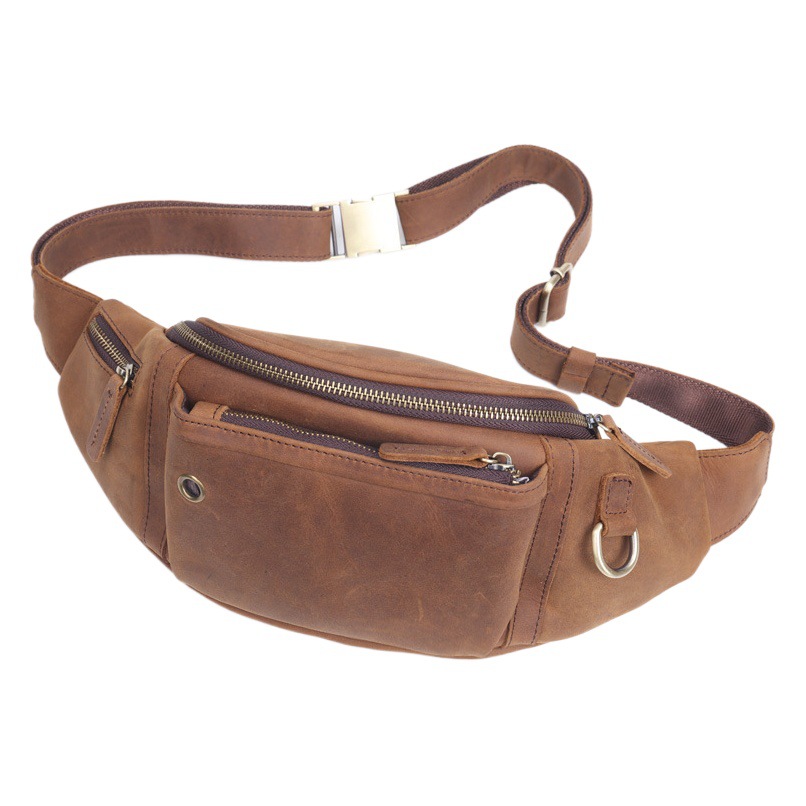 New Crazy Horse Leather Men's Bag Top Layer Cowhide Mobile Phone Waist Bag Large Capacity Sports Crossbody Chest Bag Men's Leather Waist Bag