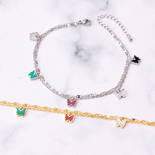 Korean version of the new anklet color shell multi-butterfly anklet pendant titanium steel 18k gold non-fading double-layer chain