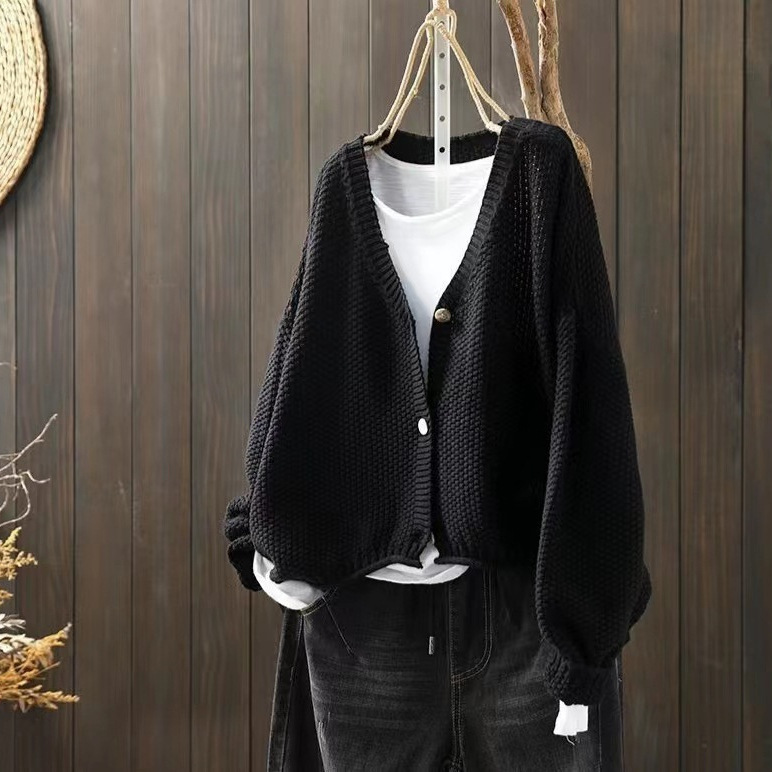 [Special Offer] Amazon European and American Casual Versatile Solid Color V-Neck Long-Sleeve Single-Breasted Sweater Knit Cardigan for Women