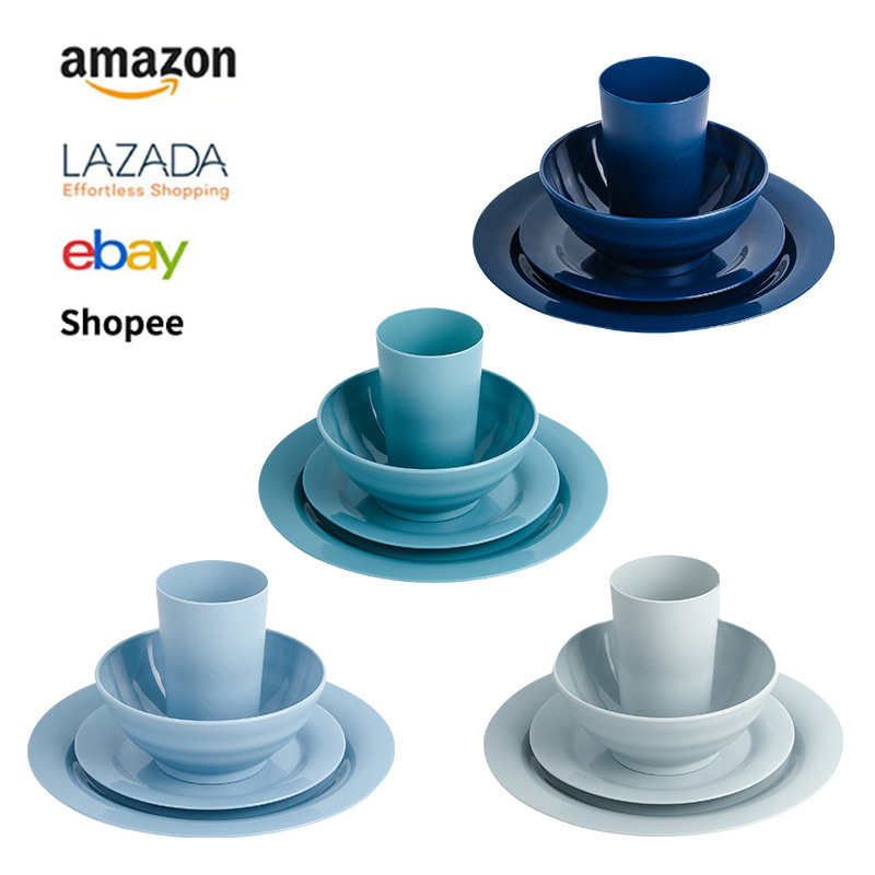 Amazon Wheat Straw Pp Bowls, Plates and Cups Set Plastic Tableware High-Value European and American Cross-Border Export Gift Set