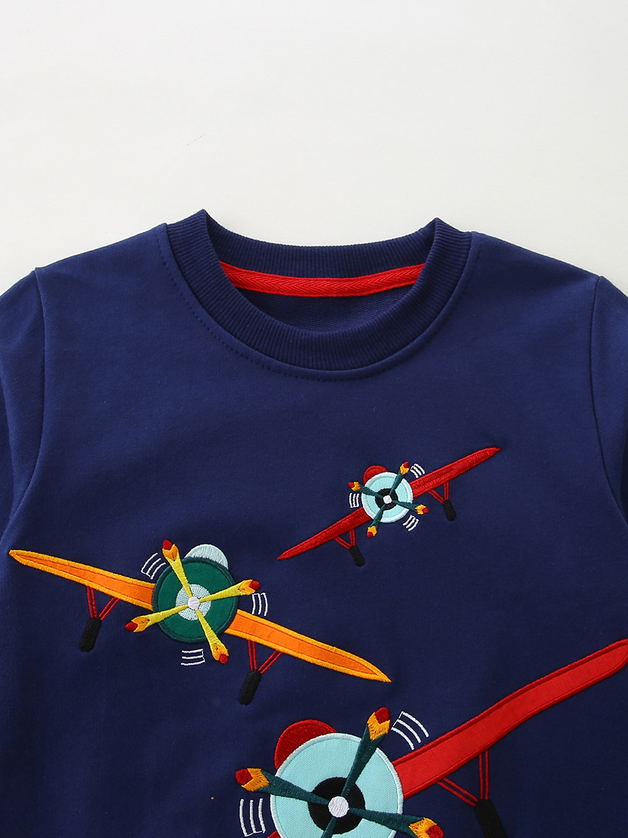 Nuevos productos de otoño Suéter para niños Suéter para niños de cuello redondo de estilo europeo y americano Sudadera de manga larga para niños bordada de avión de dibujos animados