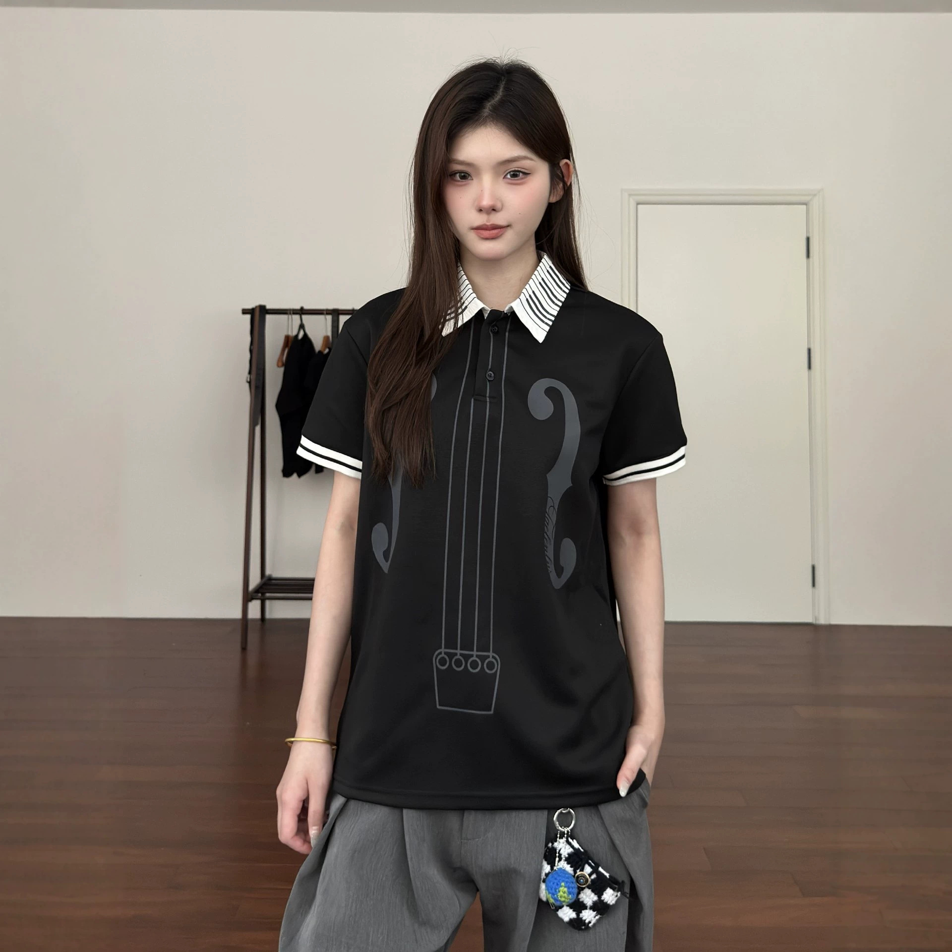钢琴领音符印花短袖POLO衫女夏季新款美式街头y2k亚文化视觉系T恤