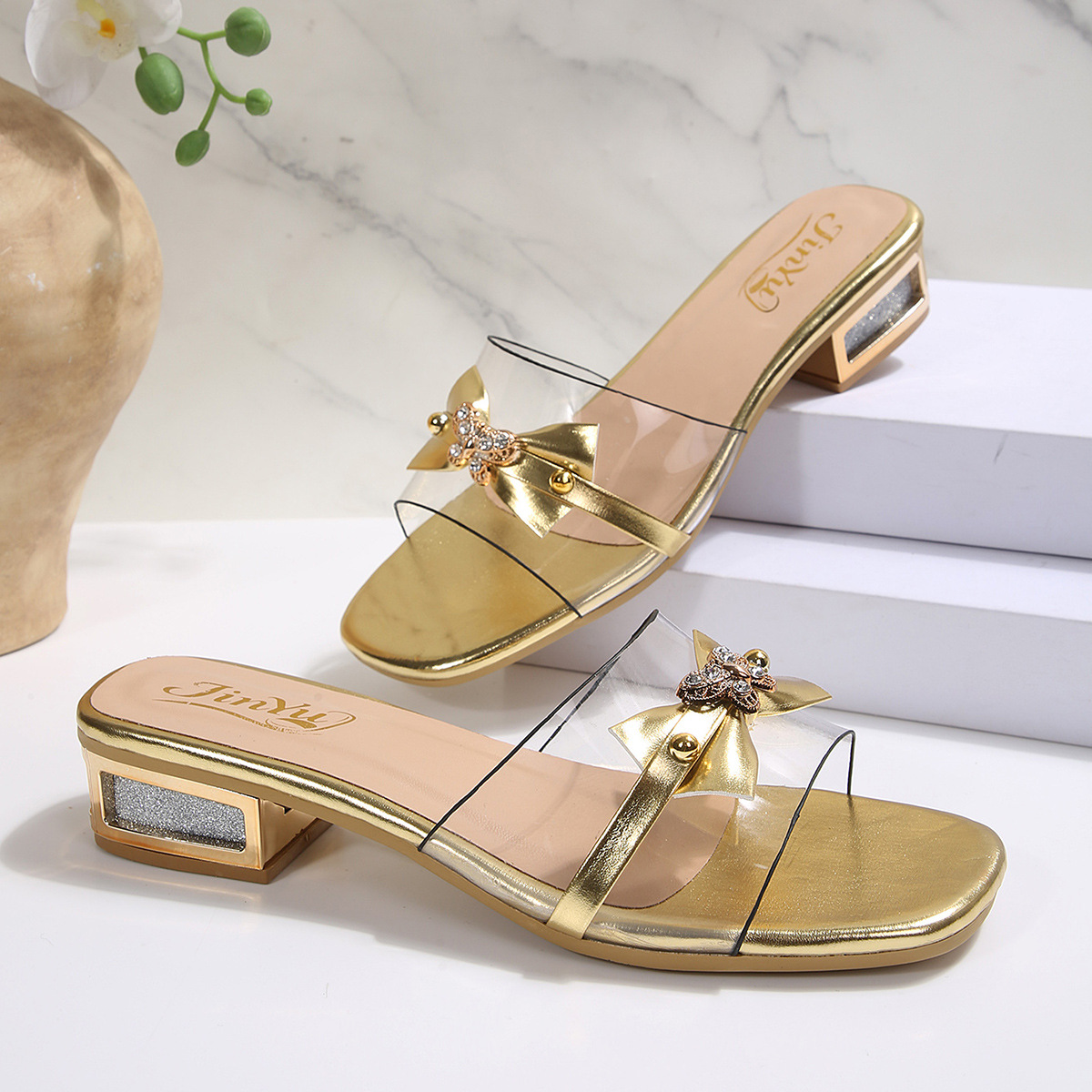 Sandalias de Tacón Alto con Puntera Cuadrada para Mujer de Cuero Sintético con Tacón Grueso para Verano