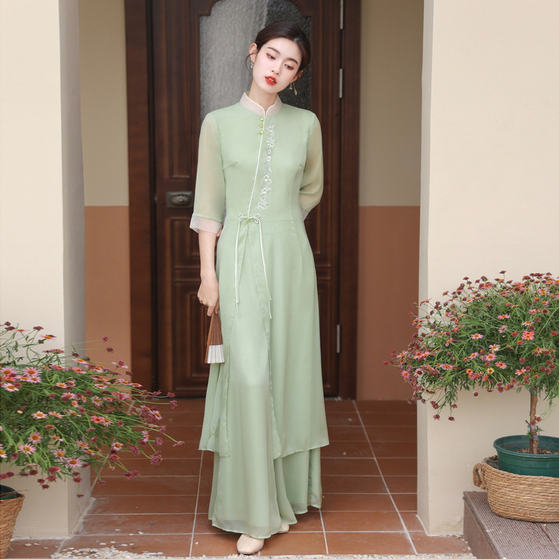 Summer 2023 new retro Chinese style improved cheongsam Zen Hanfu tea suit three-quarter sleeve dress suit women