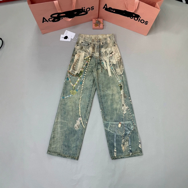 AC3d printed high-waisted American retro washed wide-leg jeans, new loose high-waisted straight-leg floor-length style AC3d printed high-waisted American retro washed wide-leg jeans, new loose high-waisted straight-leg floor-length style
