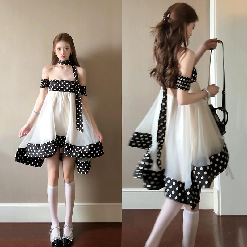 Korean-Style Fresh Chiffon Fabric Tube Top Polka Dot Dress for Women, Summer Pure Desire Design, One-Shoulder Mesh Short Dress Korean-Style Fresh Chiffon Fabric Tube Top Polka Dot Dress for Women, Summer Pure Desire Design, One-Shoulder Mesh Short Dress