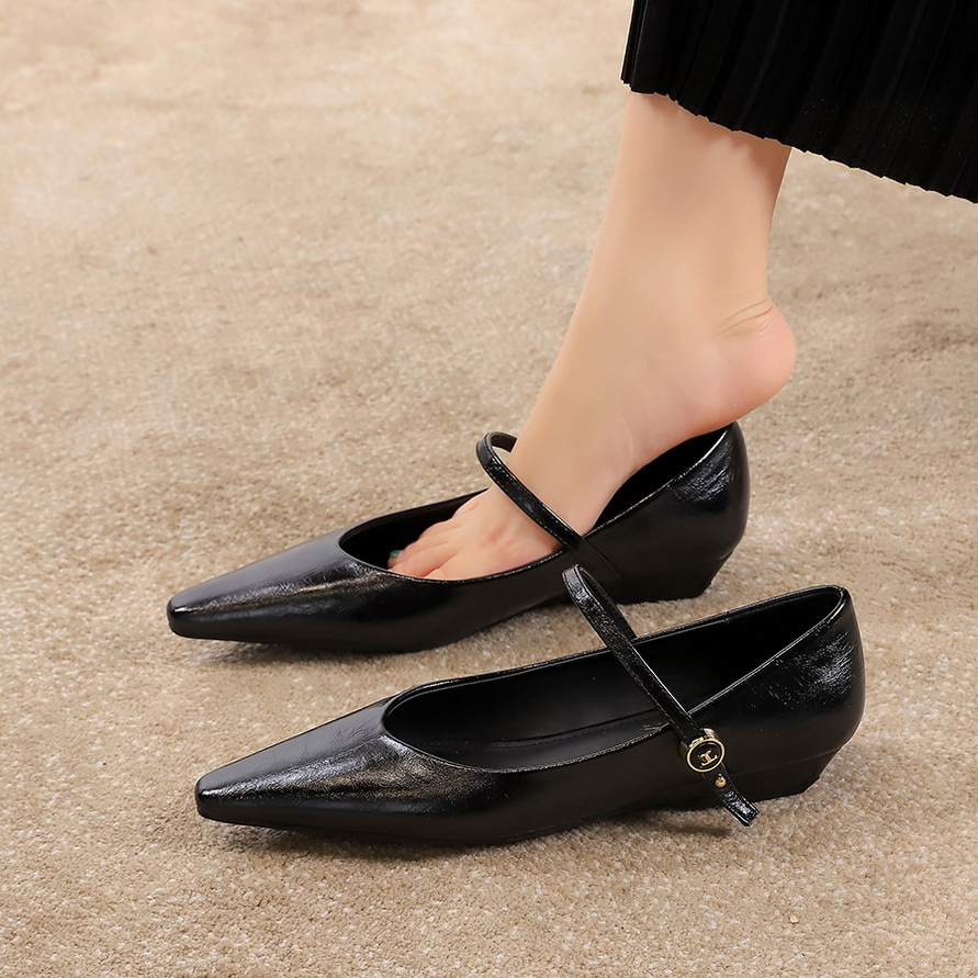 2182-1 Commuting Women's Shoes with Slope Heel, Pointed French Shallow Mouth, Versatile, Casual Evening Style, One Button Strap, Mary Jane Single Shoes