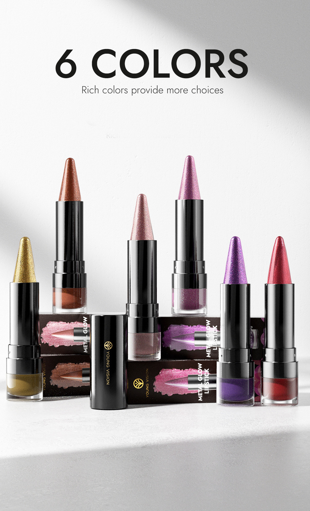 YOUNG VISION 6-color pointed-tip fine Sparkling Lipstick, multi-purpose facial pearlescent lipstick, Lip line, eyeshadow, eyeliner Item Picture