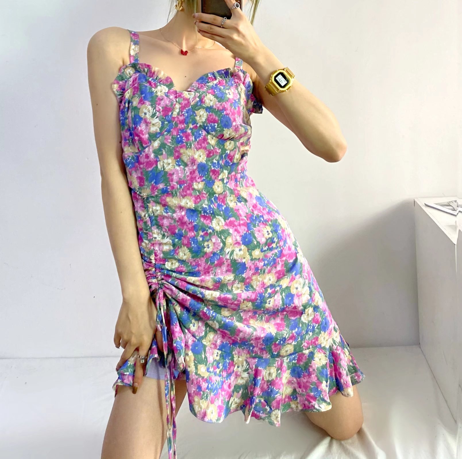 Floral Folds Ruffled Fishtail Sling Dress NSAM109930