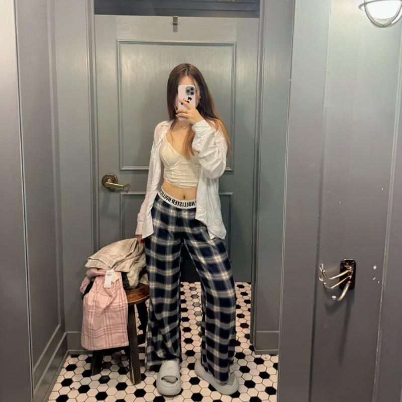 American Hollister Small Seagull Plaid Letter Web Casual Pants Pajamas Versatile Plaid Pants for Women Autumn and Winter