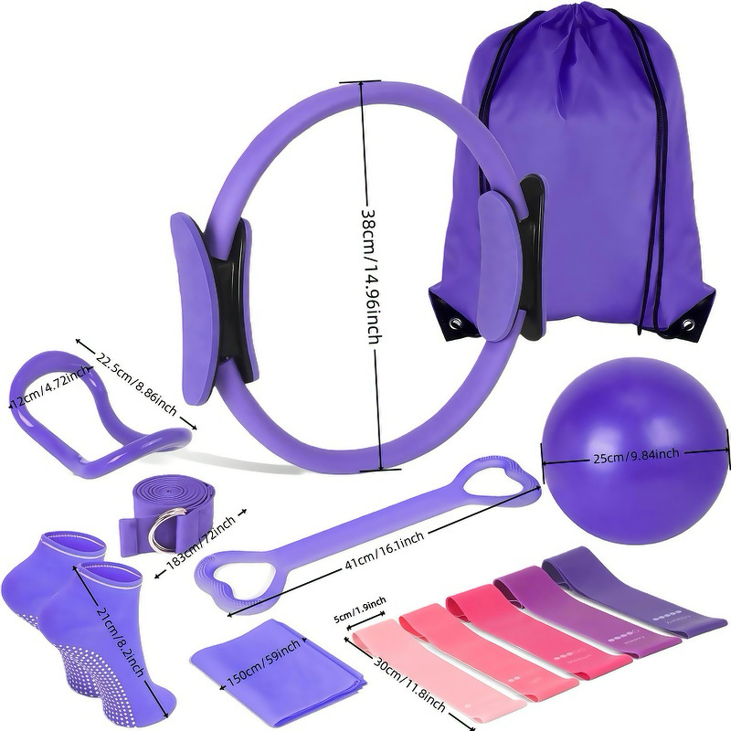 Pilates cirkel i sju delar, set i fem delar, yogaboll, yogaring, stretchbälte, spänningsbälte, yogastrumpor, fitnessset 13 delar