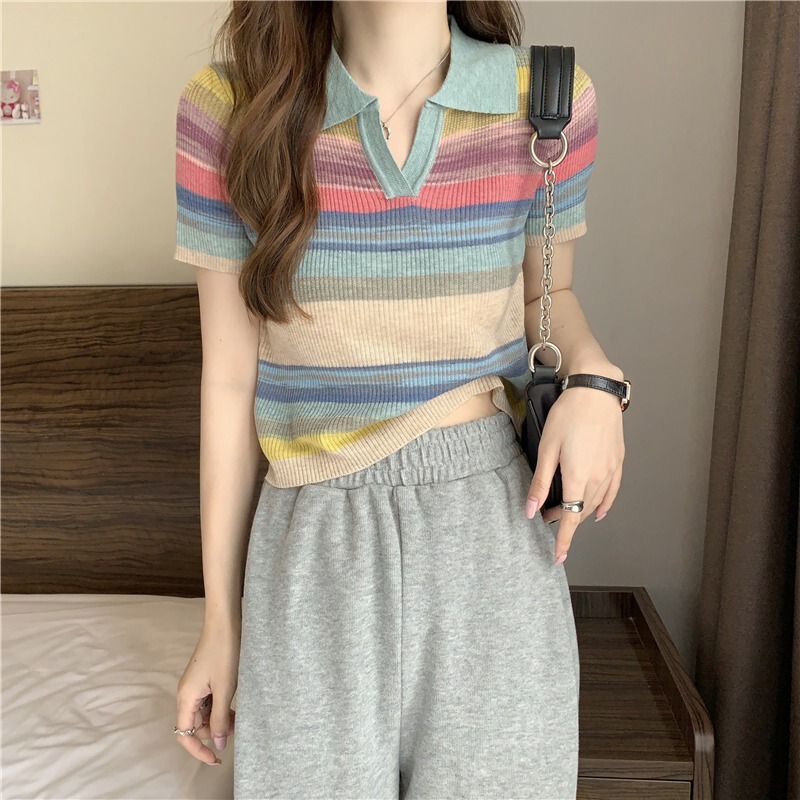 A generation of polo collar rainbow stripes shoulder T-shirt contrast age-reducing summer Korean knitted short sleeve women's top