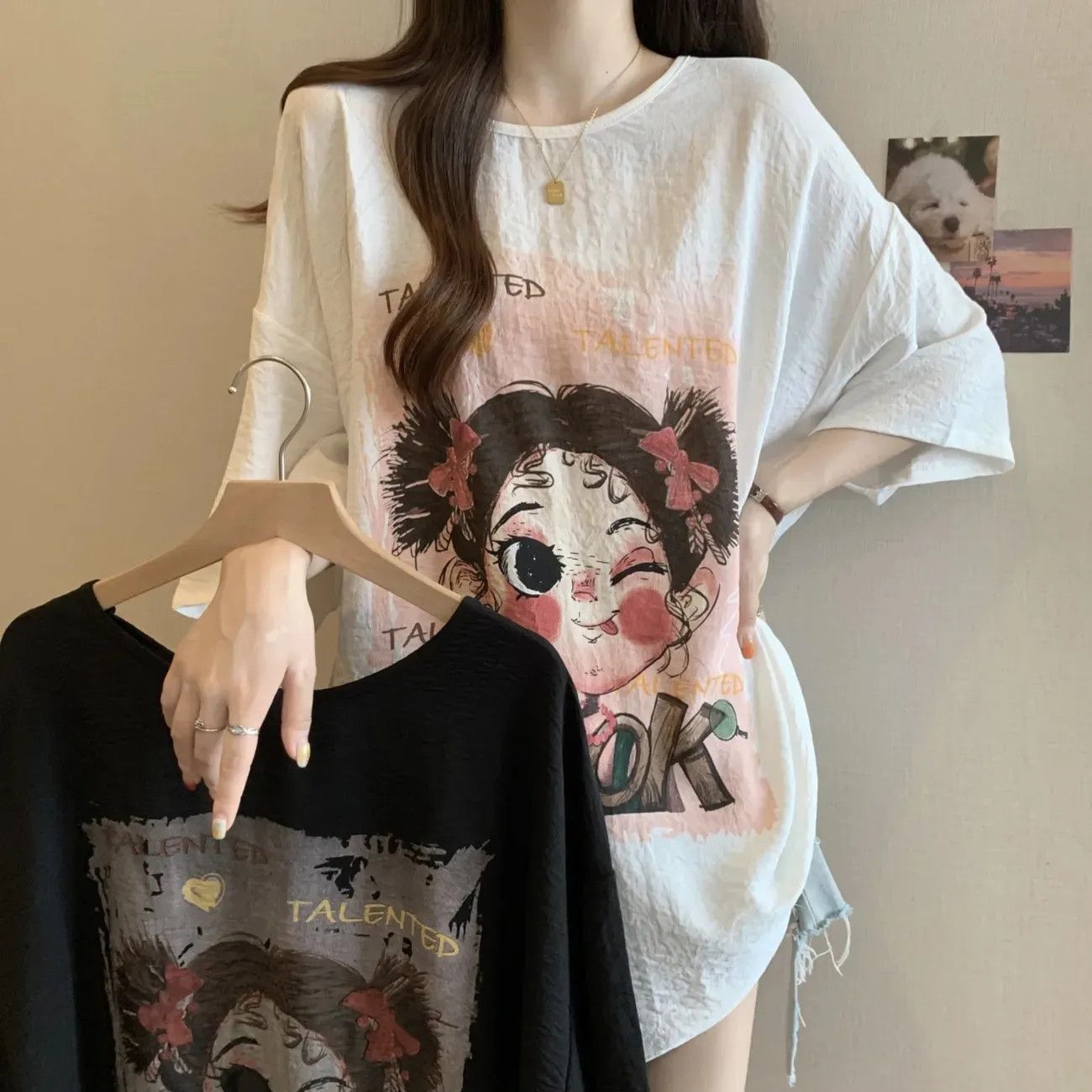 Camiseta de seda de hielo de manga corta de mm gordo de gran tamaño para mujer, camisa de fondo con estampado de dibujos animados de longitud media delgada de verano image 3